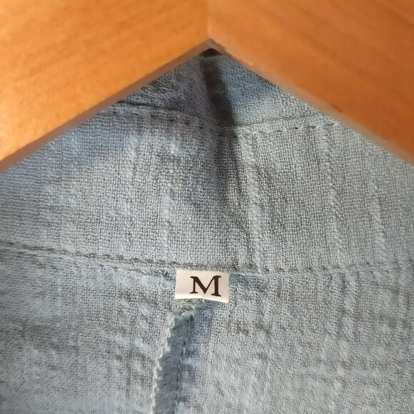 Womens Gauze Button Front Tie Waist Romper M Blue Roll Tab Sleeve Boho Casual - Picture 2 of 12